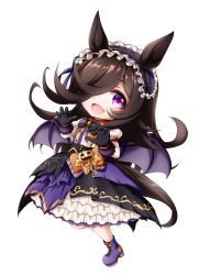 Rule 34 | 1girl, :d, animal ears, bat wings, black bow, black gloves, black hair, black skirt, boots, bow, chibi, frilled hairband, frilled skirt, frills, full body, gloves, hair over one eye, hairband, highres, horse ears, horse girl, horse tail, kuena, long hair, looking at viewer, low wings, open mouth, puffy short sleeves, puffy sleeves, purple footwear, purple hairband, purple wings, rice shower (make up vampire!) (umamusume), shirt, short sleeves, simple background, skirt, smile, solo, tail, umamusume, white background, white shirt, wings