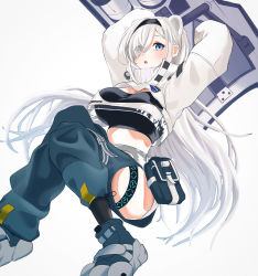 Rule 34 | 1girl, :o, animal ears, arknights, arms up, aurora (arknights), bear ears, black hairband, black shirt, blue eyes, blue pants, blush, boots, breasts, commentary, crop top, cropped jacket, ert raitsui, eyes visible through hair, grey background, hair over one eye, hairband, highres, hip vent, infection monitor (arknights), jacket, large breasts, long hair, long sleeves, looking at viewer, midriff, pants, parted lips, pouch, shield, shirt, simple background, solo, symbol-only commentary, very long hair, white hair, white jacket