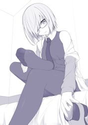 Rule 34 | 1girl, fate/grand order, fate (series), feet, female focus, glasses, highres, holding, holding shoes, image sample, looking at viewer, mash kyrielight, monochrome, necktie, no shoes, pantyhose, purple theme, resolution mismatch, ruton-niki, shoes, unworn shoes, short hair, sketch, soles, solo, source larger, toes, white background