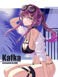 Rule 34 | 1girl, bare shoulders, bikini, black bikini, breasts, character name, cleavage, commentary request, eyewear on head, highres, honkai: star rail, honkai (series), kafka (honkai: star rail), large breasts, long hair, looking at viewer, navel, off shoulder, ponytail, purple eyes, purple hair, shirt, sidelocks, sitting, smile, solo, srpzk, stomach, sunglasses, swimsuit, thigh strap, thighs, tied shirt, white shirt