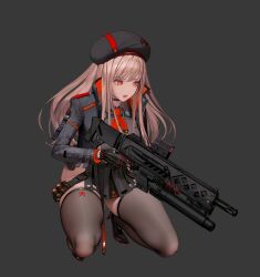 Rule 34 | 1girl, backlighting, black gloves, black jacket, brown hair, clothing cutout, expressions, full body, gloves, goddess of victory: nikke, gun, gun sling, hat, highres, jacket, kim hyung tae, official art, rapi (nikke), simple background, solo, sprite, thigh cutout, thighhighs, uniform, weapon