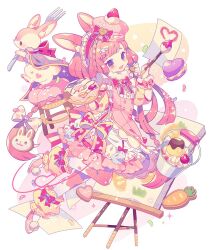 Rule 34 | 1girl, animal ear fluff, blunt bangs, blunt ends, bow, bow legwear, bowtie, braid, bucket, buttons, candy hair ornament, cape, carrot, center frills, cherry, collar, colored eyelashes, commentary request, cookie, dessert, detached sleeves, doughnut, dress, easel, fang, food, food-themed hair ornament, fork, french braid, frilled dress, frilled hairband, frills, fruit, full body, fur collar, hair bow, hair ornament, hairband, hat, hat bow, hat ornament, heart, heart button, heart hair ornament, heart hat ornament, heart print, high heels, holding, holding food, holding fork, holding paintbrush, lace, lace-trimmed legwear, lace trim, layered dress, light blush, lolita fashion, lolita hairband, long hair, looking at viewer, low twin braids, macaron, macaron hair ornament, original, paintbrush, pantyhose, paper, petticoat, pink bow, pink bowtie, pink dress, pink footwear, pink hair, pink hairband, pink pantyhose, pom pom (clothes), pudding, puffy short sleeves, puffy sleeves, purple cape, purple eyes, rabbit, short sleeves, sleeve bow, sleeveless, sleeveless dress, smile, solo, strawberry, twin braids, two-tone pantyhose, waist bow, white background, white bow, white collar, white dress, white pantyhose, white rabbit (animal), yellow leg warmers, yellow sleeves, yumenouchi chiharu