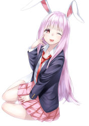 Rule 34 | 1girl, ;p, akanbe, animal ears, blazer, blush, dress shirt, eyelid pull, jacket, long sleeves, looking at viewer, necktie, one eye closed, pink hair, rabbit ears, red eyes, red necktie, reisen udongein inaba, shirt, simple background, skirt, smile, solo, tongue, tongue out, touhou, unowen, white background, white legwear, wink