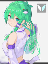 Rule 34 | 1girl, bare shoulders, blush, breasts, closed mouth, detached sleeves, frog hair ornament, green eyes, green hair, hair between eyes, hair ornament, hair tubes, highres, japanese clothes, kochiya sanae, large breasts, long hair, nontraditional miko, puuakachan, smile, snake hair ornament, solo, touhou, unfinished dream of all living ghost, upper body, white sleeves, wide sleeves, wings
