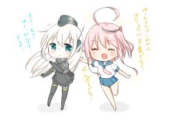 Rule 34 | 10s, 2girls, ^ ^, ahoge, blue eyes, commentary request, closed eyes, hair ornament, i-58 (kancolle), kantai collection, long hair, multiple girls, open mouth, pink hair, school swimsuit, school uniform, serafuku, short hair, short sleeves, silver hair, swimsuit, swimsuit under clothes, translation request, tsuchihara ai, u-511 (kancolle)