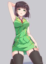 Rule 34 | 1girl, arm up, armpits, artist name, black thighhighs, blunt bangs, blunt ends, bob cut, character request, commentary request, copyright request, dress shirt, garter straps, green skirt, green vest, grey background, half-closed eyes, hand on own head, hand on own thigh, highres, kneeling, looking at viewer, miniskirt, necktie, open mouth, pencil skirt, red necktie, shirt, signature, simple background, skirt, sleeveless, solo, thighhighs, vest, white shirt, yanagita kousuke