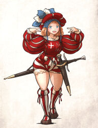 Rule 34 | 1girl, blonde hair, blue eyes, boots, character request, dagger, hat, highres, ironlily, knife, long sleeves, original, puffy long sleeves, puffy sleeves, smile, solo, sword, thighs, v, weapon