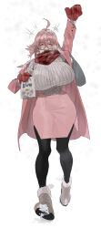 Rule 34 | 1girl, absurdres, ahoge, black pantyhose, blush, boots, breasts, coat, glasses, highres, huge breasts, korean commentary, long sleeves, mimyo, mittens, open mouth, original, pantyhose, pencil skirt, pink coat, pink hair, pink skirt, red scarf, ribbed sweater, round eyewear, scarf, short hair, skirt, smile, solo, sweater, white sweater, wide hips