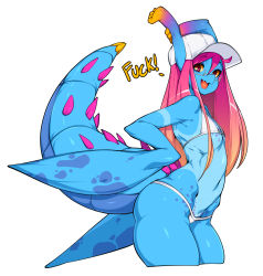 Rule 34 | 1girl, :d, absurdres, alternate hair length, alternate hairstyle, bad id, bad twitter id, bikini, blue skin, colored sclera, colored skin, cteno (slugbox), flat chest, gradient hair, hat, head arms, highres, long hair, looking at viewer, monster girl, multicolored hair, one-piece tan, open mouth, orange hair, original, pink hair, profanity, red eyes, simple background, slugbox, smile, solo, spiked tail, spikes, swimsuit, tail, tan, tanline, white background, white bikini, white hat, yellow sclera