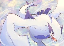 Rule 34 | above clouds, absurdres, cloud, commentary, creatures (company), fangs, flying, game freak, gen 2 pokemon, highres, legendary pokemon, lugia, nintendo, no humans, okoge (simokaji), open mouth, pokemon, pokemon (creature), red eyes, solo, toes, tongue, wind
