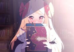 Rule 34 | 1girl, bare shoulders, black coat, blonde hair, blush, book, bookshelf, bow, coat, covered mouth, embarrassed, eversoul, hair bow, hair ornament, highres, holding, holding book, light particles, long hair, long sleeves, looking to the side, manon (eversoul), nose blush, parted lips, petite, red bow, red eyes, shirt, solo, sunlight, swept bangs, upper body, white shirt, yotte