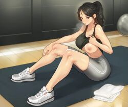 Rule 34 | 1girl, arm support, bike shorts, black hair, black shirt, black tank top, blurry, blurry background, blush, breasts, breasts out, brown eyes, cleavage, clothes lift, collarbone, female focus, from side, full body, grey bike shorts, hand on own knee, heavy breathing, indoors, jagaimo (kkamja), large breasts, lifted by self, logo, looking at viewer, looking down, looking to the side, on floor, one breast out, open mouth, ponytail, shirt, shirt lift, shoes, shorts, sitting, sleeveless, sleeveless shirt, sneakers, solo, sportswear, steam, striped bike shorts, striped clothes, sweat, tank top, thighs, tight clothes, tight shirt, towel, vertical-striped bike shorts, white footwear, white towel, wooden floor, yoga mat, yoo sena (jagaimo (kkamja))