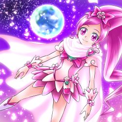 Rule 34 | 10s, 1girl, absurdres, bad id, bad pixiv id, boots, bow, brooch, cure blossom, dutch angle, hair bow, hanasaki tsubomi, heart, heart brooch, heartcatch precure!, highres, jewelry, knee boots, long hair, magical girl, petals, pink bow, pink eyes, pink hair, pink theme, planet, ponytail, precure, purple background, ribbon, rintarou hayashi, scarf, skirt, smile, solo, wrist cuffs