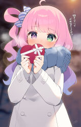 Rule 34 | 1girl, absurdres, ahoge, alternate costume, blue scarf, blurry, blush, bow, box, candy hair ornament, coat, covered mouth, depth of field, dot nose, food-themed hair ornament, gift, gradient hair, green eyes, grey sweater, hair ornament, heart, heart-shaped box, heart in eye, heterochromia, highres, himemori luna, holding, holding gift, hololive, long hair, long sleeves, looking at viewer, multicolored hair, nyasunyadoora, pink eyes, pink hair, scarf, sweater, symbol in eye, virtual youtuber, wavy hair, white bow, white coat