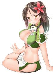 Rule 34 | 10s, 1girl, amagi (kancolle), arm support, bare shoulders, blush, breasts, brown eyes, brown hair, cleavage cutout, clothing cutout, colored eyelashes, commentary request, flower, hair between eyes, hair flower, hair ornament, highres, hip vent, kantai collection, large breasts, len (hand linke), light smile, lips, long hair, midriff, miniskirt, mole, mole under eye, ponytail, simple background, sitting, skirt, solo, yokozuwari