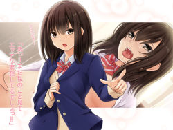 Rule 34 | 1boy, 1girl, blue jacket, bow, bowtie, breasts, brown cardigan, brown eyes, brown hair, cardigan, commentary request, hand on another&#039;s hip, highres, implied sex, jacket, long sleeves, looking at viewer, medium breasts, medium hair, multiple views, navel, nonaka ritsu, open clothes, open jacket, open mouth, original, outline, pointing, red bow, red neckwear, solo focus, striped bow, striped bowtie, striped clothes, striped neckwear, tears, teeth, tongue, tongue out, translation request, upper body, upper teeth only, vest, white background, white outline