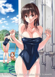 Rule 34 | 3girls, bare shoulders, breasts, brown eyes, brown hair, cleaning brush, cleavage, clothes pull, comiket 98, commentary, competition school swimsuit, empty pool, kneepits, large breasts, looking at viewer, multiple girls, one-piece swimsuit, one-piece swimsuit pull, open mouth, orange hair, pool, pulled by self, school swimsuit, smile, solo focus, summer, suzutsuki kurara, swimsuit, toranoana, undressing, wet
