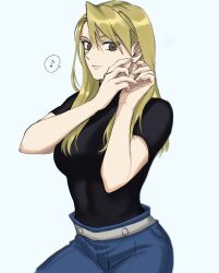 Rule 34 | 1girl, adjusting earrings, black shirt, blonde hair, breasts, brown eyes, closed mouth, commentary request, earrings, fullmetal alchemist, highres, jewelry, large breasts, long hair, military, military uniform, musical note, ozaki (tsukiko3), riza hawkeye, shirt, smile, solo, speech bubble, spoken musical note, uniform, white background