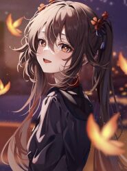 Rule 34 | 1girl, bright pupils, brown hair, flower-shaped pupils, genshin impact, highres, hu tao (genshin impact), long hair, looking at viewer, open mouth, red eyes, sa-ya2, smile, solo, symbol-shaped pupils, twintails, white pupils