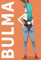 Rule 34 | 1girl, ass, bare arms, bare shoulders, black leotard, blue eyes, blue hair, blue pantyhose, breasts, bulma, curvy, detached collar, dragon ball, dragon ball (classic), female focus, full body, high heels, highleg, highleg leotard, highres, huge ass, ikataishogun (king squid), large breasts, leotard, long hair, looking at viewer, looking back, pantyhose, playboy bunny, revealing clothes, shiny clothes, shiny skin, smile, solo, standing, strapless, strapless leotard, wide hips