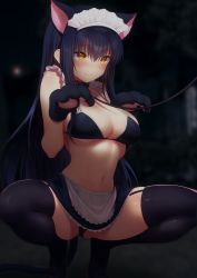 Rule 34 | 1girl, absurdres, animal ears, animal hands, apron, ass, bikini, black bikini, black collar, black hair, black skirt, black thighhighs, blurry, blurry background, blush, breasts, cat ears, cat tail, closed mouth, collar, exhibitionism, frills, garter straps, hair between eyes, highres, kushima kamome, large breasts, leash, long hair, maid, maid bikini, maid headdress, miniskirt, momihige, navel, night, nose blush, outdoors, paw pose, pet play, pleated skirt, public indecency, skirt, solo, spread legs, squatting, stomach, summer pockets, swimsuit, tail, thighhighs, unconventional maid, very long hair, waist apron, white apron, yellow eyes