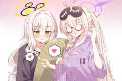 2girls :d black-framed_eyewear black_shirt blonde_hair blue_archive blush braid breasts cellphone collarbone earphones eye_mask glasses gradient_background green_eyes green_halo grey_hair halo hands_up hare_(blue_archive) hare_(pajamas)_(blue_archive) heart highres holding holding_phone holding_pillow karikura_(atatata71) kotama_(blue_archive) kotama_(pajamas)_(blue_archive) long_hair long_sleeves looking_at_object medium_breasts multiple_girls official_alternate_costume opaque_glasses open_mouth phone pillow pink_background ponytail purple_halo purple_shirt semi-rimless_eyewear shared_earphones shirt side_braid sidelocks smartphone smile under-rim_eyewear upper_body white_background