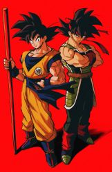 Rule 34 | 2boys, absurdres, armor, bardock, black eyes, black hair, dougi, dragon ball, dragon ball (classic), dragonball z, father and son, full body, highres, holding, holding polearm, holding weapon, looking at viewer, male focus, monkey tail, multiple boys, muscular, ruyi jingu bang, polearm, red background, relio db318, saiyan, saiyan armor, scar, scar on face, short hair, simple background, smile, son goku, spiked hair, staff, standing, straight-on, tail, weapon