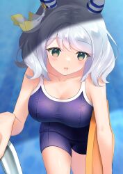 Rule 34 | 1girl, absurdres, animal ears, blush, breasts, brown eyes, cleavage, commentary request, crying, ear covers, grey hair, highres, hishi miracle (umamusume), horse ears, horse girl, large breasts, medium hair, open mouth, partial commentary, school swimsuit, solo, swimsuit, uine (bobhairshuki), umamusume