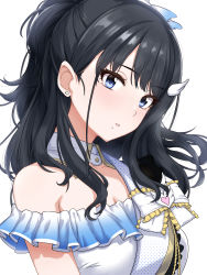 Rule 34 | 1girl, :o, bare shoulders, black hair, blue eyes, bow, commentary request, detached collar, dress, ear piercing, heart, highres, idolmaster, idolmaster shiny colors, kazano hiori, long hair, looking at viewer, mole, mole under mouth, piercing, polka dot, polka dot dress, ponytail, simple background, sleeveless, sleeveless dress, solo, strapless, strapless dress, white background, white bow, white dress, whoosaku, wing hair ornament