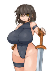 Rule 34 | 1girl, armband, black armband, breasts, brown hair, fingerless gloves, gloves, highres, huge breasts, original, smile, solo, steamingtofu, sword, weapon, white background, yellow eyes