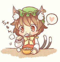 Rule 34 | 1girl, :3, animal ears, bow, bowl, brown hair, cat ears, cat tail, chen, commentary request, dress, earrings, eating, green hat, hat, heart, ibaraki natou, jewelry, long sleeves, mob cap, multiple tails, nekomata, puffy cheeks, red dress, red eyes, short hair, simple background, single earring, solo, spoon, tail, touhou, translation request, two tails, utensil in mouth, white background, yellow bow