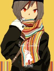 Rule 34 | 10s, 1girl, buttons, coat, frown, gloves, grey hair, hat, hms conqueror, hms conqueror (siirakannu), kantai collection, lion, long sleeves, orange eyes, original, personification, royal navy, scarf, short hair, siirakannu, solo, strap, striped clothes, striped scarf, text focus, upper body, white gloves, yellow background