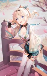 Rule 34 | 1girl, :d, black gloves, blonde hair, blush, bridge, chest sarashi, commentary, feet out of frame, fingerless gloves, floating hair, gloves, hair between eyes, hair ribbon, hand on own thigh, haori, highres, holding, holding sword, holding weapon, hololive, japanese clothes, katana, kazama iroha, looking at viewer, miniskirt, open mouth, outdoors, over shoulder, ponytail, ribbon, rimuu, sarashi, sheath, sheathed, skirt, smile, solo, standing, sword, thighhighs, virtual youtuber, weapon, weapon over shoulder, white thighhighs