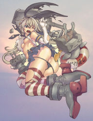 Rule 34 | &gt; &lt;, 10s, 1girl, anchor, black eyes, black panties, blonde hair, boots, breasts, closed eyes, elbow gloves, gloves, grey footwear, hairband, highres, kantai collection, kubu kurin, lifebuoy, long hair, nipples, one eye closed, open mouth, panties, personification, rensouhou-chan, shimakaze (kancolle), skirt, small breasts, solo, striped clothes, striped thighhighs, swim ring, tears, thighhighs, torn clothes, torn skirt, torn thighhighs, underwear, wink