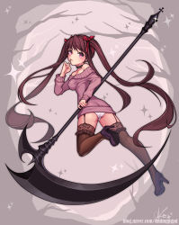 Rule 34 | 1girl, absurdres, bad id, bad pixiv id, black collar, black thighhighs, blush, brown hair, collar, commentary, dduck kong, finger to mouth, garter straps, hair ribbon, high heels, highres, holding, holding weapon, index finger raised, long hair, looking at viewer, looking back, naver username, original, pink eyes, pink sweater, red ribbon, ribbon, scythe, signature, solo, sweater, thighhighs, twintails, weapon