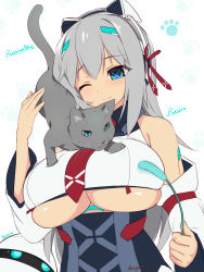 Rule 34 | 1girl, android, animal hands, artist name, blue eyes, blue shirt, blush, breasts, cat, cat on person, cat paws, cat teaser, cattail, character name, cleavage, collared shirt, dangan neko, detached sleeves, eyebrows, grey hair, hair between eyes, hand up, headgear, highres, large breasts, long hair, necktie, one eye closed, original, paw print, plant, red necktie, red ribbon, ribbon, russia (dangan neko), shirt, simple background, smile, solo, symbol-shaped pupils, underboob, upper body, white background