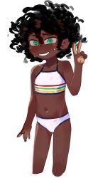 1girl bikini black_hair blush chi-iz curly_hair dark-skinned_female dark_skin flat_chest green_eyes midriff navel original smile striped_bikini striped_clothes swimsuit v