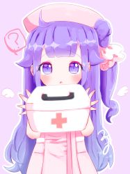 Rule 34 | 1girl, :o, ?, ahoge, azur lane, blush, commentary request, detached wings, dress, first aid kit, hair bun, hair flaps, hair ribbon, hat, highres, holding, long hair, looking at viewer, mini wings, nurse, nurse cap, outline, parted lips, pastel colors, pink dress, pink hat, pink ribbon, purple background, purple eyes, purple hair, ribbon, side bun, simple background, single hair bun, single side bun, solo, spoken question mark, udauda, unicorn (azur lane), very long hair, white outline, white wings, wings