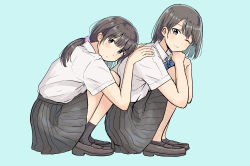 Rule 34 | 2girls, absurdres, aqua background, betock, hand on another&#039;s back, highres, multiple girls, one eye closed, original, school uniform, short hair, smile, squatting, twintails, yuri