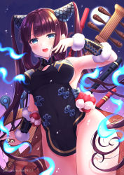 Rule 34 | 1girl, bare shoulders, black dress, blue eyes, blue fire, blunt bangs, blush, breasts, china dress, chinese clothes, detached sleeves, dress, fate/grand order, fate (series), fire, flute, hair ornament, highres, instrument, long hair, looking at viewer, medium breasts, open mouth, pika mouse, pipa (instrument), purple hair, side slit, sidelocks, smile, solo, thighs, twintails, very long hair, yang guifei (fate), yang guifei (second ascension) (fate)
