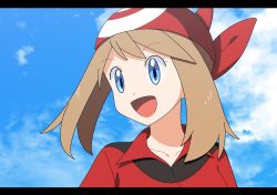 Rule 34 | 1girl, anime coloring, bad id, bad pixiv id, bandana, blue eyes, brown hair, cloud, collarbone, creatures (company), game freak, highres, letterboxed, looking to the side, may (pokemon), nintendo, open mouth, pokemon, pokemon oras, portrait, short hair, sky, smile, solo, yuihico