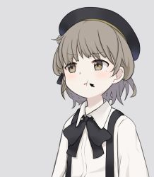 Rule 34 | 1girl, beret, black hat, black ribbon, blush, brown eyes, brown hair, collared shirt, commentary, cursor, grey background, hat, hatoba tsugu, highres, instant (ioarthus), looking to the side, mole, mole under eye, open mouth, ribbon, shirt, simple background, solo, suspenders, virtual youtuber, white shirt