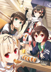 Rule 34 | 4girls, black cardigan, black gloves, black hair, black neckerchief, black ribbon, black sailor collar, black serafuku, black skirt, blonde hair, blush, brown eyes, brown hair, buttons, cardigan, chopsticks, commentary request, crescent, crescent hair ornament, crescent pin, cup, double-breasted, drinking glass, dumpling, eating, elbow gloves, fingerless gloves, food, fubuki (kancolle), fubuki kai ni (kancolle), gloves, gradient hair, green eyes, grin, hair between eyes, hair flaps, hair ornament, hair ribbon, hairclip, highres, holding, holding chopsticks, jiaozi, juice, kantai collection, long hair, long sleeves, looking at viewer, low ponytail, multicolored hair, multiple girls, mutsuki (kancolle), mutsuki kai ni (kancolle), neckerchief, open mouth, pantyhose, parted lips, pleated skirt, ponytail, purple eyes, red eyes, red hair, red neckerchief, ribbon, sailor collar, scarf, school uniform, sendai (kancolle), sendai kai ni (kancolle), serafuku, short hair, short ponytail, short sleeves, sidelocks, single thighhigh, skirt, sleeveless, smile, straight hair, thighhighs, twintails, two side up, white scarf, yume no owari, yuudachi (kancolle), yuudachi kai ni (kancolle)
