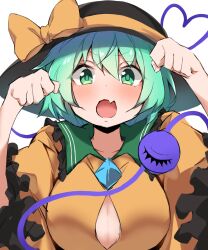 Rule 34 | 1girl, absurdres, black headwear, blouse, blush, bow, breasts, bursting breasts, cleavage, collarbone, fang, frilled shirt collar, frilled sleeves, frills, gao, green eyes, green hair, hands up, hat, hat bow, hat ribbon, heart, heart of string, highres, komeiji koishi, large breasts, long sleeves, looking at viewer, open mouth, paw pose, retoruto, ribbon, shirt, simple background, skin fang, sleeves past elbows, third eye, touhou, v-shaped eyebrows, white background, wide sleeves, yellow shirt