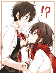 Rule 34 | !?, 1boy, 1girl, alternate costume, awkward, black hair, black vest, blazer, blush, border, brown eyes, brown hair, buttoned cuffs, buttons, dress shirt, eye contact, formal, from side, hair behind ear, hand on another&#039;s arm, highres, holding, jacket, kagerou project, kisaragi shintarou, long hair, long sleeves, looking at another, looking at viewer, necktie, open clothes, open jacket, outside border, red necktie, red scarf, scarf, shirt, short hair, suit jacket, tateyama ayano, tying necktie, vest, white jacket, white shirt, yupe (pikoyupi)