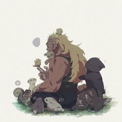 Rule 34 | 1boy, animal, artist request, bird, blonde hair, douglas bullet, expressionless, full body, highres, long hair, manly, muscular, one piece, one piece: stampede, rabbit, raccoon, sitting, squirrel