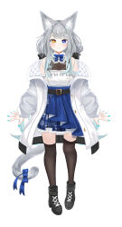 Rule 34 | 1girl, absurdres, animal ear fluff, animal ears, ankle boots, aqua hair, aqua nails, bare shoulders, belt, black belt, black footwear, blue bow, blue bowtie, blue eyes, blue skirt, bodysuit, boots, bow, bowtie, brown thighhighs, cat ears, cat tail, coat, colored tips, fanged bangs, frilled shirt, frilled shirt collar, frilled skirt, frills, full body, gradient hair, grey hair, hair intakes, heterochromia, high-waist skirt, high heel boots, high heels, highres, layered skirt, light blush, long hair, looking at viewer, low twintails, multicolored hair, off shoulder, open clothes, open coat, original, pleated skirt, shirt, sidelocks, simple background, skirt, sleeveless, sleeveless shirt, smile, standing, streaked hair, tachi-e, tail, tail bow, tail ornament, thighhighs, tsuri pi, twintails, very long hair, white background, white coat, white shirt, yellow eyes