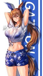 Rule 34 | 1girl, admire vega (umamusume), animal ears, arms behind head, arms up, bikini, blue bikini, blue male swimwear, blue shorts, blue swim trunks, breasts, brown hair, collarbone, commentary, cowboy shot, drawstring, drop shadow, ear covers, ear ornament, floral print, gaze on me! outfit (umamusume), hair between eyes, highres, horse ears, horse girl, horse tail, large breasts, light blush, long hair, looking at viewer, low ponytail, male swimwear, midriff, navel, official alternate costume, parted lips, ponytail, print male swimwear, print swim trunks, print swimsuit, purple eyes, rangrang, see-through, see-through shirt, shadow, shirt, short sleeves, shorts, sidelocks, signature, single ear cover, solo, standing, sweat, swim trunks, swimsuit, t-shirt, tail, tied shirt, umamusume, wet, wet clothes, wet shirt, white shirt