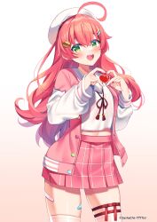 Rule 34 | 1girl, artist name, green eyes, hat, heart hands, heart in heart hands, highres, hololive, long hair, long sleeves, looking at viewer, open mouth, pink hair, sakura miko, sasha chii, solo, virtual youtuber, white hat