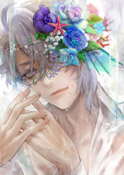 Rule 34 | 1boy, azul ashengrotto, blouse, blue flower, blue rose, closed mouth, flower, glasses, hair between eyes, hair flower, hair ornament, hands up, hasura (coconutice), highres, looking at viewer, male focus, mole, mole under mouth, purple eyes, rose, see-through, shell, shell hair ornament, shirt, short hair, silver hair, solo, starfish, starfish hair ornament, twisted wonderland, upper body, wet, wet clothes, wet face, wet hair, wet shirt, white background, white shirt